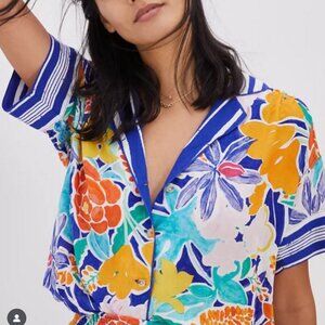 Anthropologie X Sisters Gulassa Sz L Whimsy Crop Shirt Floral Art To Wear PJ Top